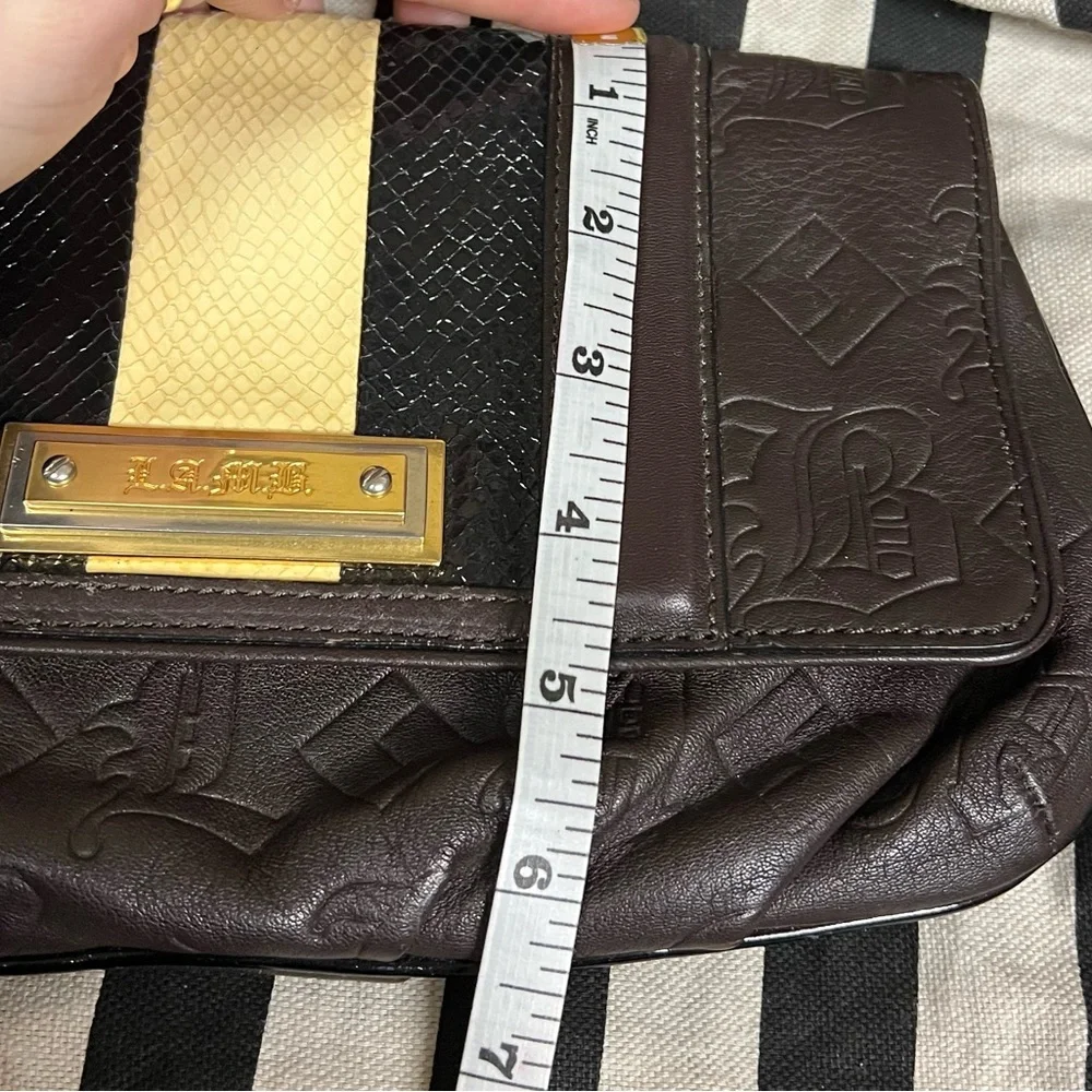 L.A.M.B. Dorset Chocolate Brown Leather Clutch with Faux Snakeskin